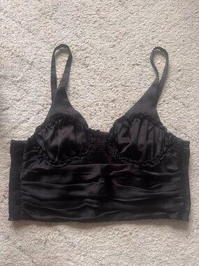 Zara Black Satin top  with Ruffle Trim